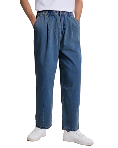 YEXPINE Baggy Jeans for Men Pleated Wide Leg Elastic Waist Denim Pants Y2K Streetwear Blue