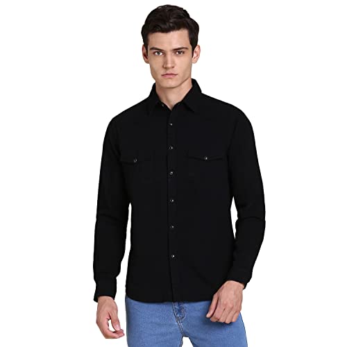 Image of Dennis Lingo Men's Solid Denim Cotton Slim Fit Full Sleeve Casual Shirt with Flap Pockets and Snap Buttons