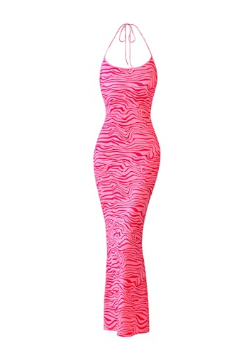 PRETTYGARDEN Maxi Dresses for Women 2025 Summer Halter Leopard Print Backless Sexy Bodycon Cocktail Beach Long Dress(Zebra Rose Red,Small)