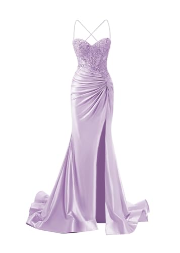 JIIL Meerjungfrau Abendkleid Damen Lang - Satin Spaghetti-Träger Brautjungfernkleider Spitze Ballkleid mit Schlitz Flieder 36