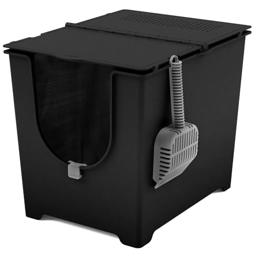 Modkat Flip Litter Box with Lid - Covered Front-Entry Cat Litter Box with Lid - Full Height Seamless Base, Leak-Proof Design - Reusable Liner, Sifting Scoop & 2 Bamboo Charcoal Filters (Black)