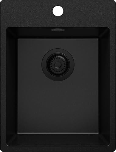 PRIMAGRAN Fregadero Cocina Todo Negro 38x50cm, Granito 1 Seno + Sifón, Sobre encimera al mueble 40cm - Riga S007