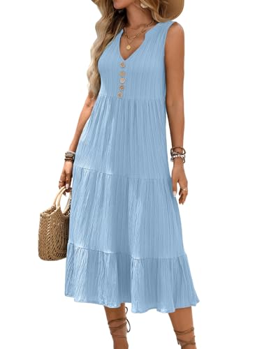 Image of HELYO Women's Casual Summer Dress 2026 Sleeveless V Neck Button Beach Sundress Tiered Ruffle Flows Skirt Midi Dresses