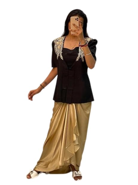 Ameeha Designer Saree with Embroidered Blouse Set, Black and Gold, Satin Fabric, 3-Piece-picture-4