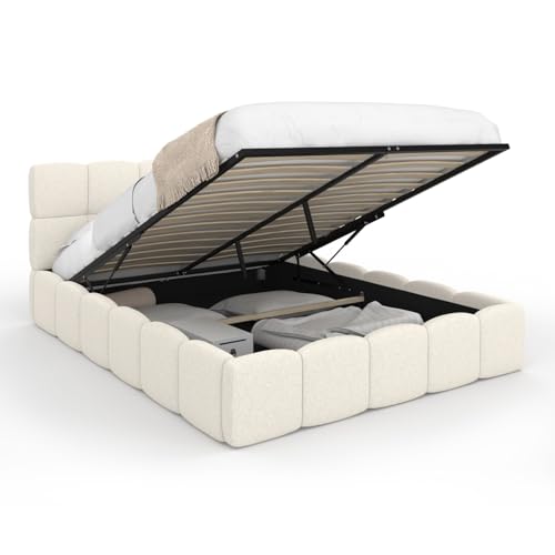 IDMarket - Lit Coffre Double Nuage avec tête de lit matelassée et sommier 140 x 190 cm Tissu Bouclette Blanc