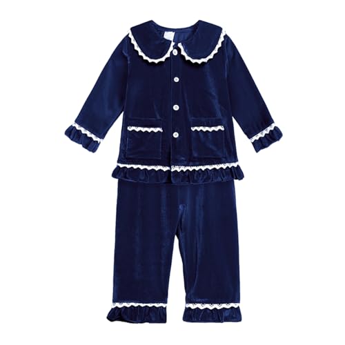 Girls Boys Velvet 𝐏a𝐣ama Set Long Sleeve Solid Laple Button up Christmas Outfits 2 Piece Soft (Dark Blue, 3-4 Years)