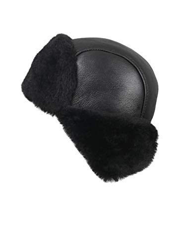 Image of Leather Aviator Shearling Ushanka Trapper Hat Russian Sheepskin Cap Real Fur Winter Hat with Ear Flaps for Men Women