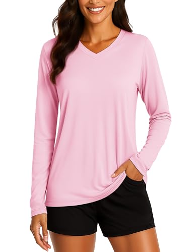 TACVASEN Swimming T-Shirt Women UV Protection Long Sleeve Tops V Neck Sports Shirts Quick Dry Holiday Sun Protection T-Shirt Light Pink