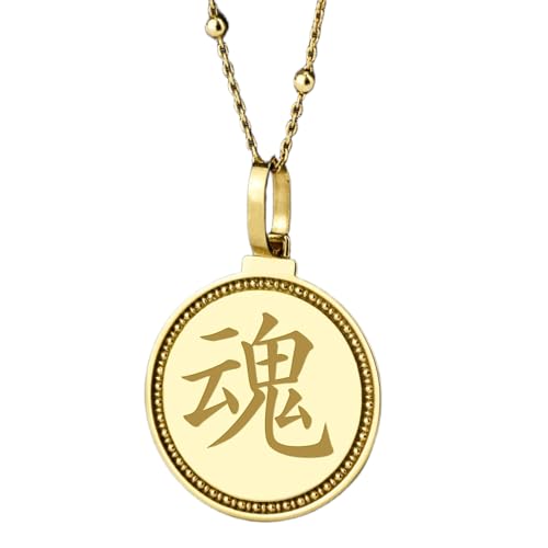 Collier pendentif rond de 28 mm argent sterling 925 plaqué or kanji japonais chaîne 45 cm