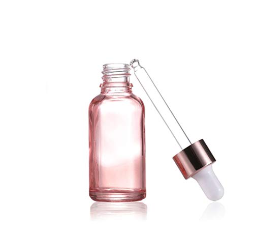 12 Pack, 1 Oz Pink Dropper Bottle for Essential Oils, Empty Glass Eye Dropper Bottle Holder With Glass Pipette, Rose-Golden Caps Perfume Travel Vial Container - Pipette, Stickers, Funnel Included2