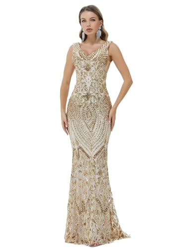 Image of Women's Wedding Bridesmaid Gown Sequined Mermaid V Neck Sleeveless Evening Dress