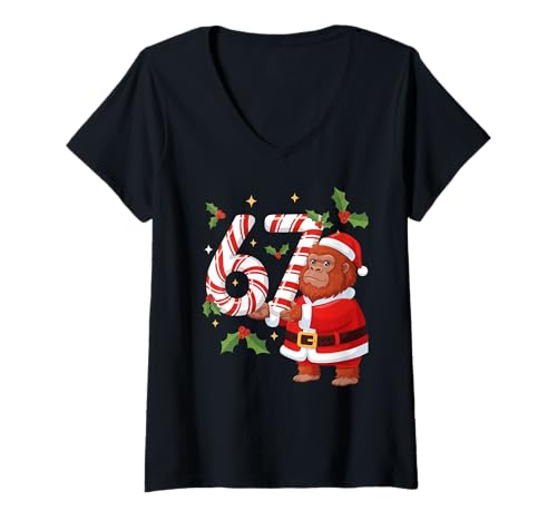 Womens Funny 67 Meme Bigfoot Christmas PJm Men Women Family V-Neck T-Shirt