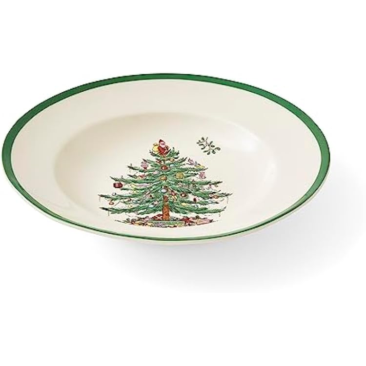 Spode Christmas Tree 9 Soup Plate (Set of 4) Stoneware Bowls with Festive Tree Design & Green Rim, Ideal for Serving Soup, Pasta, Salad Microwave & Dishwasher Safe Holiday Dinnerware