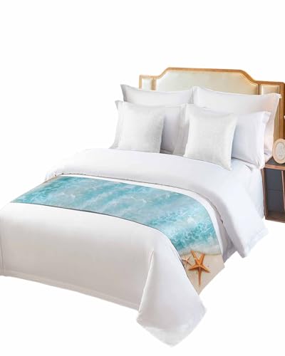 Twin Bed Runner Ocean Starfish Summer Beach Bedding Runner Scarves Decorative Bed Scarf, Teal Gradient Sea Water Soft Bedding Scarf for Bedroom Hotel Wedding 71x20in
