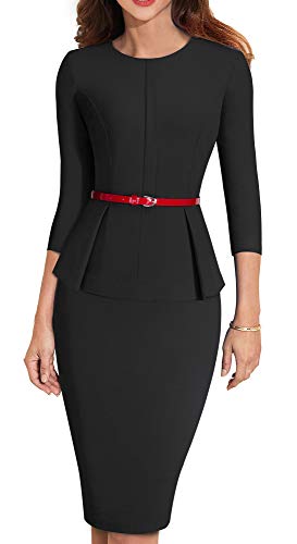 HOMEYEE Women's 3/4 Sleeve Office Wear Peplum Dress with Belt B473