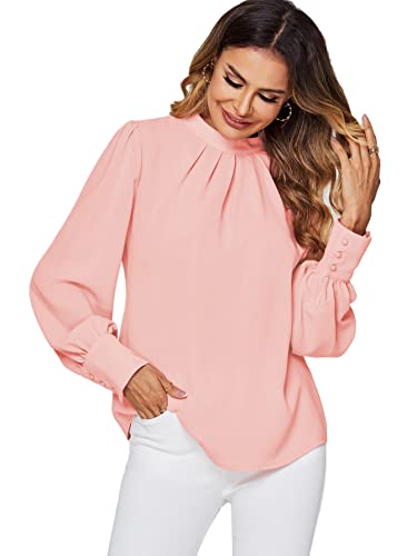 Lyaner Women's Mock Neck Pleated Solid Long Sleeve Blouse Office Shirt Tops Pink Medium #TOP2