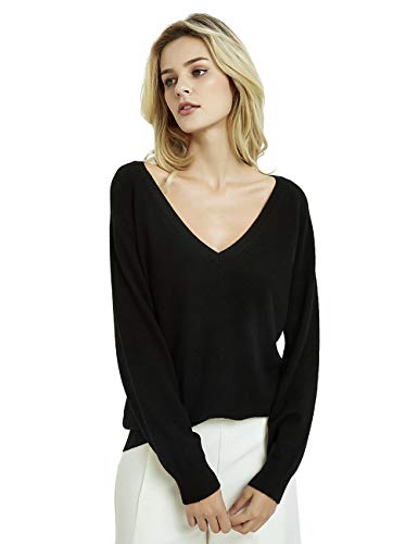 Kallspin Women's Wool Blend V Neck Lightweight Pullover Sweater (Black,Medium) #TOP1
