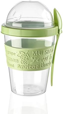 Shopivaa The Original Take & Go 600ml Yoghurt Pot for Breakfast Granola Muesli Cereal Overnight Oats to go Yogurt Pot with Spoon Lid Leakproof Plastic Dishwasher Safe (SET OF 2 - Green & Yellow)