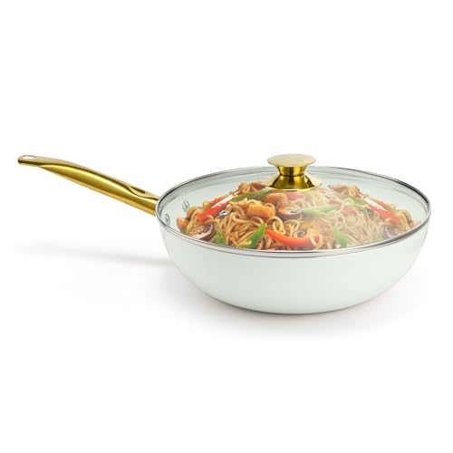 Wok cerámico blanco con tapa 12 pulgadas miniatura 1