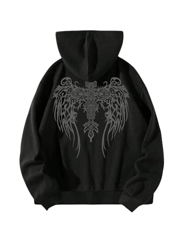 SHENHE Men's Zip Up Hoodie Wings Cross Print Graphic Goth Hoodie Sweatshirt with Pockets