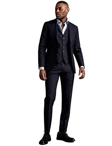 Costume 3 pièces bleu marine foncé pour homme avec veste gilet slim et pantalon de costume chic
