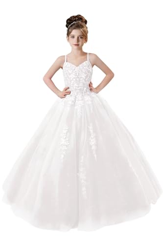 Sparkly Tulle Lace Appliques Flower Girl Dress Spaghetti Straps Pageant Dresses with Train Girls Ball Gown