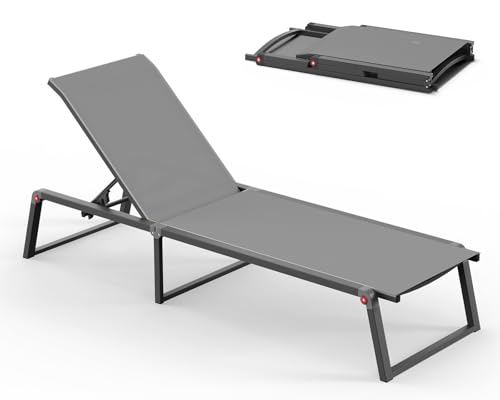 Oasbira Aluminum Chaise Lounge Chair Outdoor, Foldable & Assembly Free Patio Pool Lounge Chairs 5-Position Recliner for Outside Poolside, Fully Grounded Legs Sun Lounger for Beach, Yard, Dark Gray