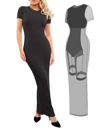 Image of Popilush Shaperwear Dress Built-in Bra Women's Casual Lounge Dress with Zipper Short Sleeve Mock Neck Bodycon Dresses