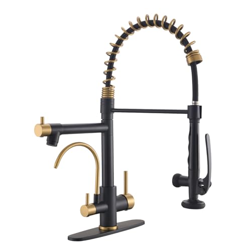 Image of Fapully Commercial Kitchen Faucet with Pull Down Sprayer and Water Filter | Matte Black&Brushed Gold, 3 in 1 Kitchen Faucets with Drinking Water Faucet for Kitchen Sink