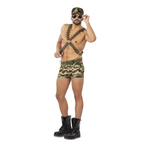 My Other Me - Fato soldado para homem, tamanho XL. Inclui chapéu e calças boxer camuflagem com cinto ajustável e bolsa de ombro cruzadas verdes. Prepare-se para a ação!