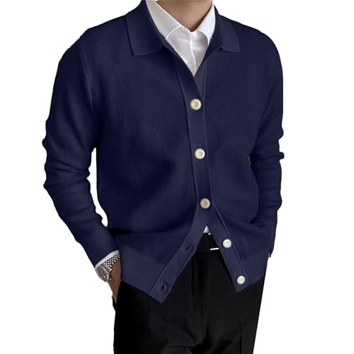 Cable Knitted Cardigan Sweater for Men Lightweight Open Front V Neck Sweaters Button Long Sleeve Solid Knitwear (3X-Large,Dark Blue)