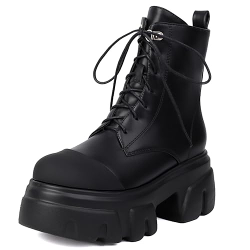 Women’s Platform Chunky Heel Goth Combat Boots Splice Round Toe Lace Up Block High Heel Lug Sole Punk Ankle Boots Fashion Side Zipper Waterproof Outdoor Travel Walking Rave Motorcycle Booties