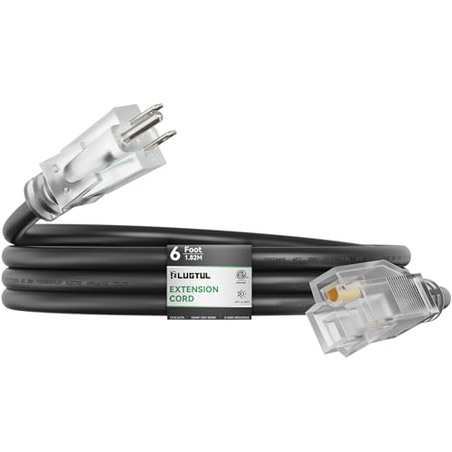 PLUGTUL Outdoor Extension Cord 6FT 12 Gauge Extension Cord with Lighted End Heavy Duty 15A 1875W SJTW ETL Listed Great for Garden and Home Black