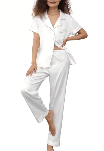Image of WJing Yi Jia Womens Pajamas Set XS-4XL Floral Silk Satin Pajama Sets Silky Pj Sets 2Pcs Loungewear Sleepwear Button Down Pjs