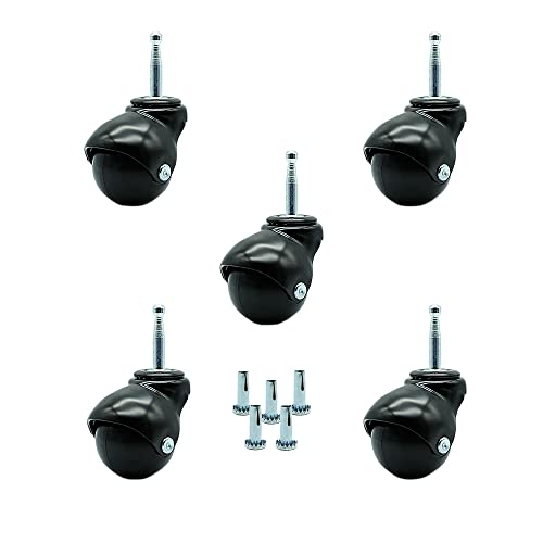 2 Inch Swivel Ball Caster Wheels for Furniture - Gloss Black Hooded Stem Casters with 5/16 Grip Neck Stem - 375 lbs. Total Capacity - Sockets Included - Set of 5 - Service Caster Brand
