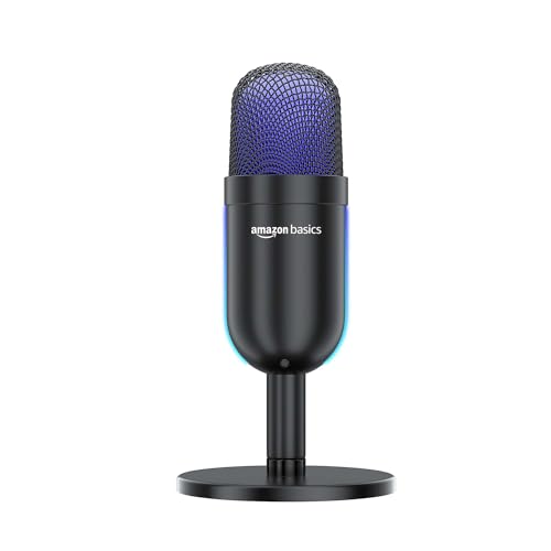 Image of amazon basics Condenser USB Microphone with Adjustable Stand | Plug and Play | RGB Effects for Recording, Streaming, Gaming, Podcasting for PC and Mac (Black)