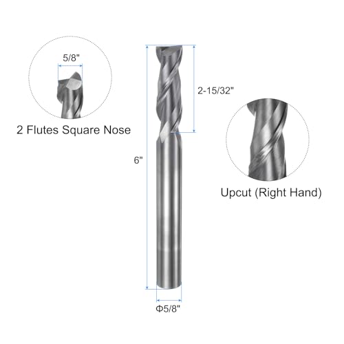 Image of uxcell Carbide Square End Mill, 5 /8 inch Diameter Uncoated 2 Flutes Milling Bit Cutter, for Aluminum Copper Non-Ferrous Metal, 5 /8 inch Shank 2-15 /32 inch Cut Length 6 inch Extra Long