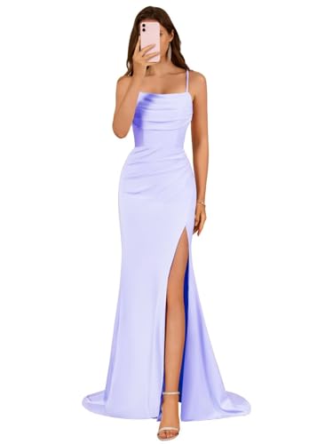 Image of Satin Bridesmaid Dress for Women 2025 Spaghetti Straps Mermaid Prom Dresses with Slit Evening Dresses KN003