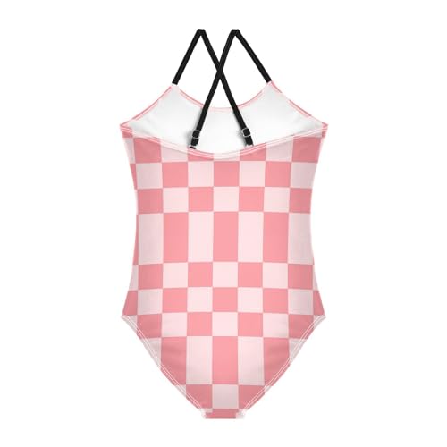 Image of Black and White Chess Girls One Piece Swimsuits Board Marble Tile Sport Halter Swimwear Beach Bathing Suit 3T