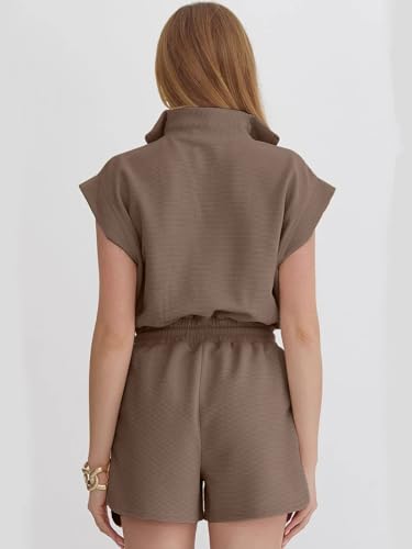 Image of Rompers for Women Summer Short Sleeve Half Zip Lapel Collar Jumpsuit Casual Drawstring One Piece Outfits with Pockets