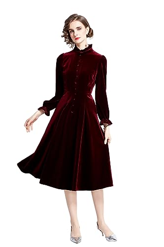 Robe mi-longue en velours bordeaux XXL à col montant et manches longues
