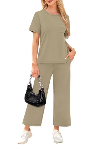 Image of WIHOLL 2 Piece Sets for Women Casual Summer Travel Vacation Outfits Short Sleeve Wide Leg Crop Pants Lounge Sets