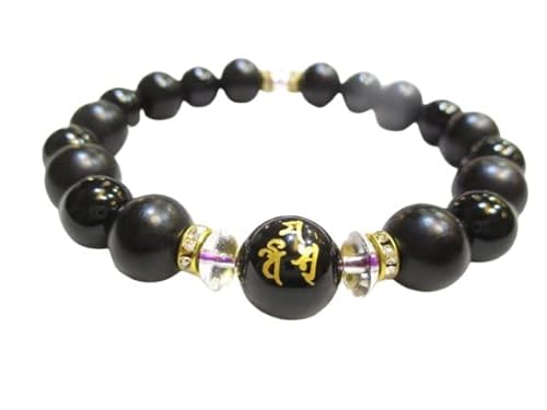 パワーストーン・京都/【多大なご利益】【三面大黒天(大黒天・毘沙門天・弁財天の三神)】彫刻【オニキス】12mm【そろばん珠本水晶】【黒檀】ブレスレット、ロンデル【伏見の京屋】