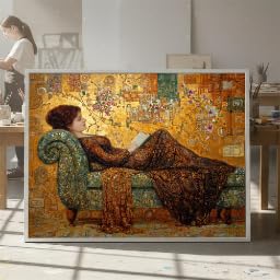 Cuadro de mujer leyendo en lienzo bohemio de 30x45cm