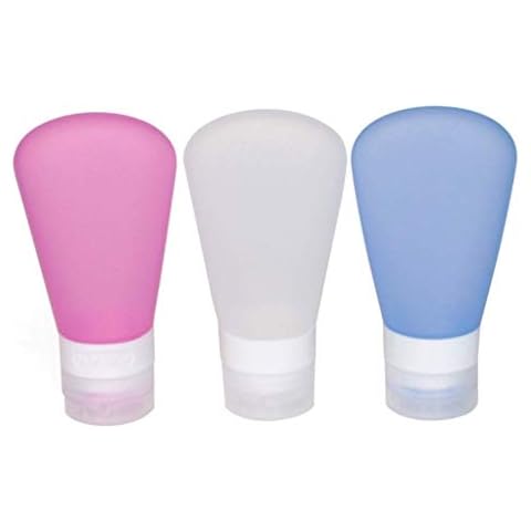 FNSHIP 3 Pack Portable Food Grade Squeeze Silicone Liquid Travel Bottles for Shampoo, Conditioner, Lotion, Toiletries, Condiments (1 OZ Pink + White + Blue) Cover