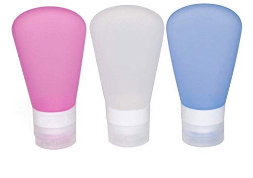 FNSHIP 3 Pack Portable Food Grade Squeeze Silicone Liquid Travel Bottles for Shampoo, Conditioner, Lotion, Toiletries, Condiments (1 OZ Pink + White + Blue)