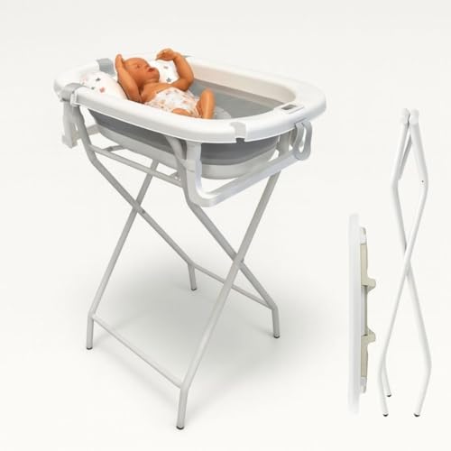 BATHBY Bañera de Bebé con Cojín Reductor, Termómeto y Soporte Plegable | Pack Completo para Recién Nacidos | Bañera Ligera, Segura y Compacta | Soporte Elevado Estable y Fácil de Guardar (Gris)