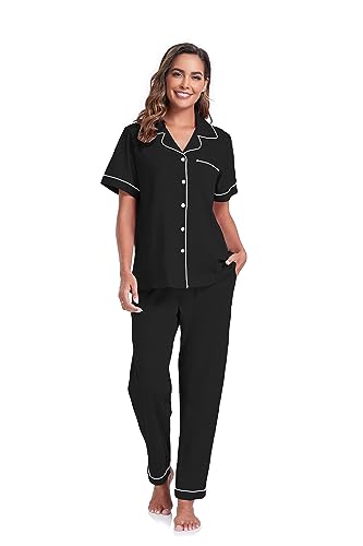 Image of COLORFULLEAF Women's 100% Cotton Pajamas Set Button Down Sleepwear Short Sleeve Shirt and Long Pants Soft Ladies Lounge Sets