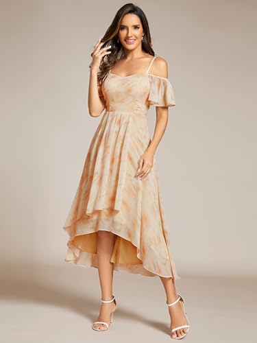 Image of Ever-Pretty Women's Summer Cold Shoulder Hi-Lo Asymmetrical Hem Flowy Chiffon Short Wedding Guest Dress 02103