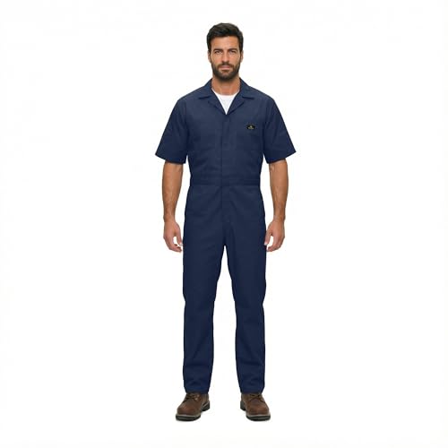 Natural Uniforms Mens Short Sleeve Zip Up Coverall, Stain and Wrinkle Resistant (Navy, Large)
